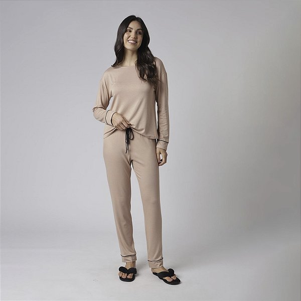 Pijama Feminino Longo em Visco Maquinetada Grão