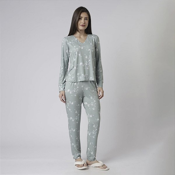 Pijama Feminino Longo Floral Green