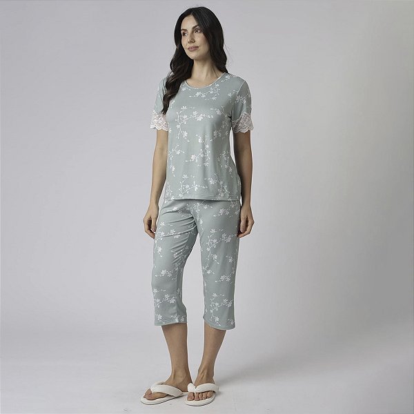 Pijama Feminino Capri Floral Green com Renda
