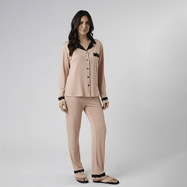 Pijama Feminino Aberto em Visco Maquinetada Grão