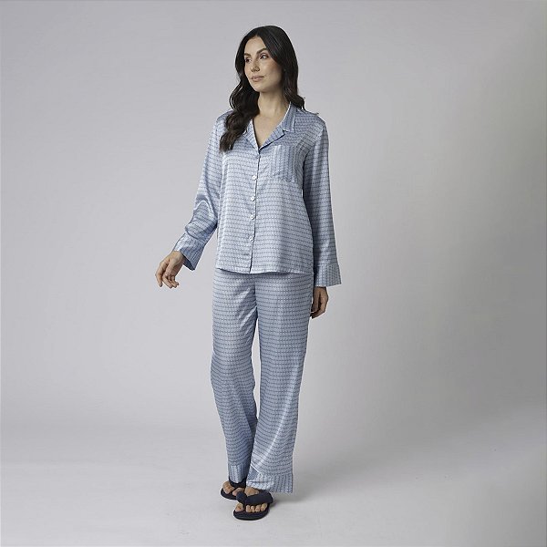 Pijama Feminino Aberto Longo Geométrico Blue