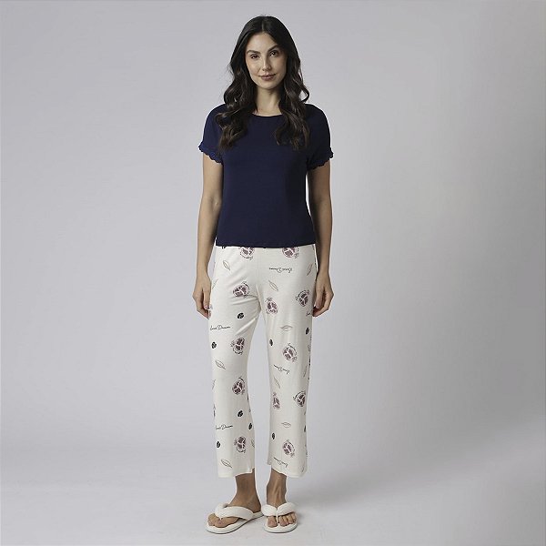 Pijama Feminino Pantacourt Marinho e Romã
