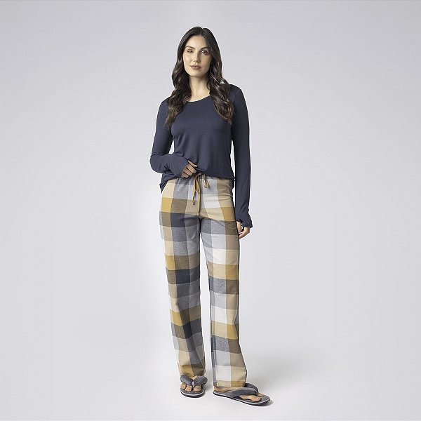 Pijama Feminino Longo Marinho e Xadrez