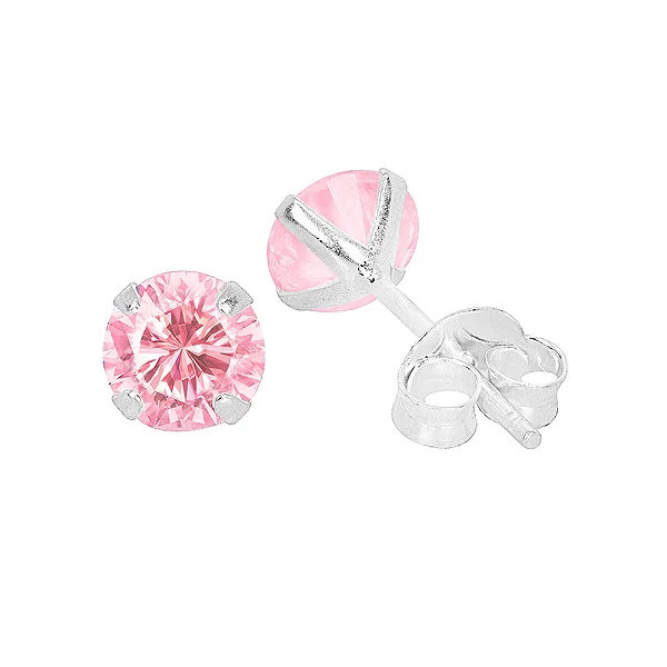 Brinco Prata Ponto de Luz Zircônia Redonda 4mm Rosa