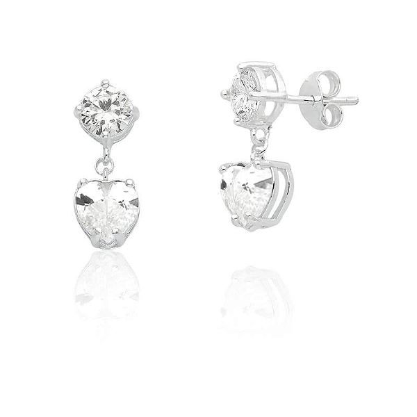 Brinco Galeria 2 Redondo 5mm (1) e Coração 6x6mm Cristal Color - Branco