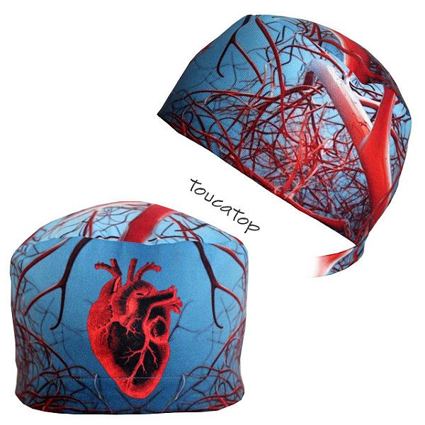 Gorro Cirúrgico Coração Frontal Artérias Vermelhas Vascular, Azul