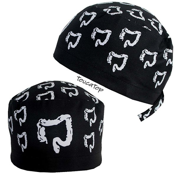 Gorro Cirúrgico, Intestino Grosso Branco Desenhado, Preto