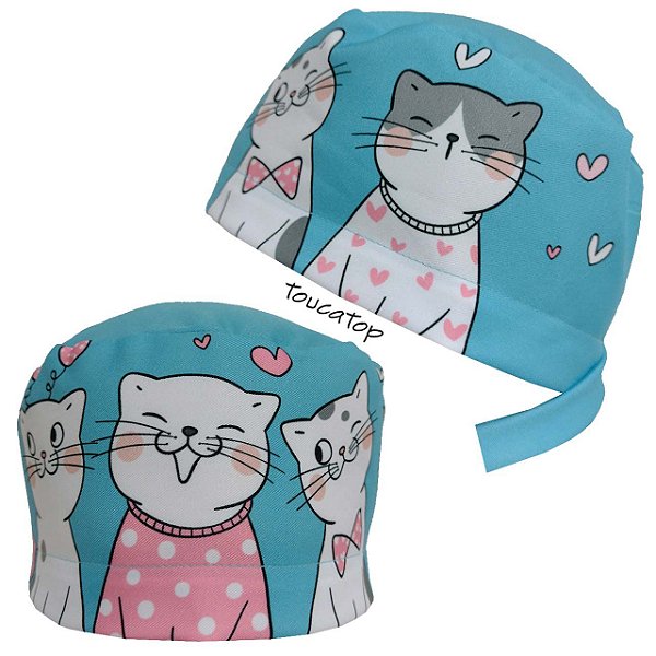 Gorro Cirúrgico, Gatinhos Brancos com Roupas, Azul Tiffany