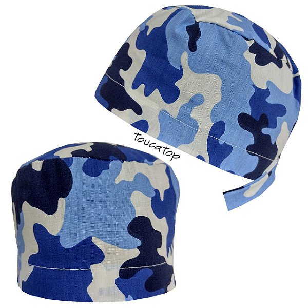 Gorro Cirúrgico, Camuflado Três Tons, Azul e Branco, Algodão