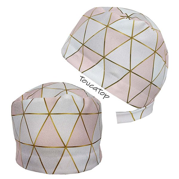 Gorro Cirúrgico, Formas Geométricas, Triângulos, Rosa Cinza e Branco