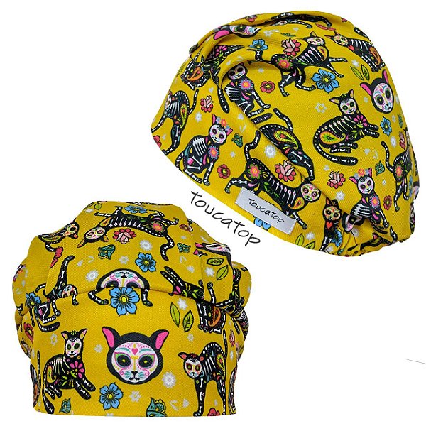 Touca Cirúrgica Feminina Plissê, Gatinhos, Amarelo