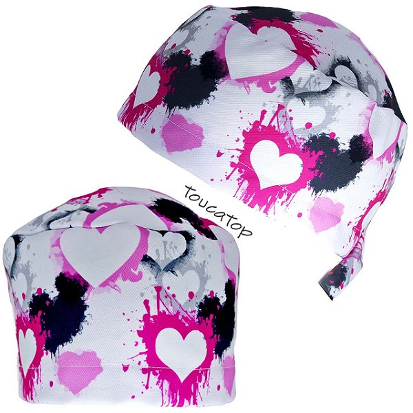 Gorro Cirúrgico, Corações Rosa Pintados, Branco Estilizado