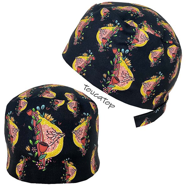 Gorro Cirúrgico, Desenho Mamas Floral, Coleção Happy Design, Preto