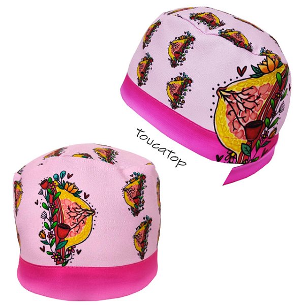 Gorro Cirúrgico, Desenho Mamas Floral, Mama Lateral, Rosa