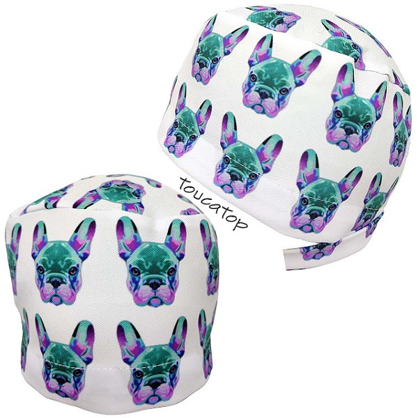 Gorro Cirúrgico, Bulldog Francês Verde Roxo, Dog, Branco