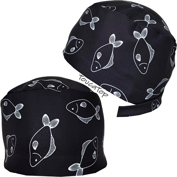 Gorro Cirúrgico, Peixes Brancos Desenhados, Preto