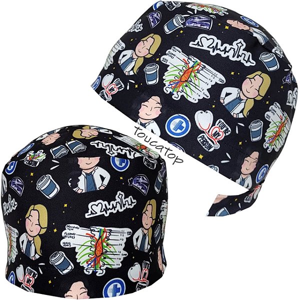 Gorro Cirúrgico, Desenhos Grey's Anatomy, Coleção Happy Design, Preto