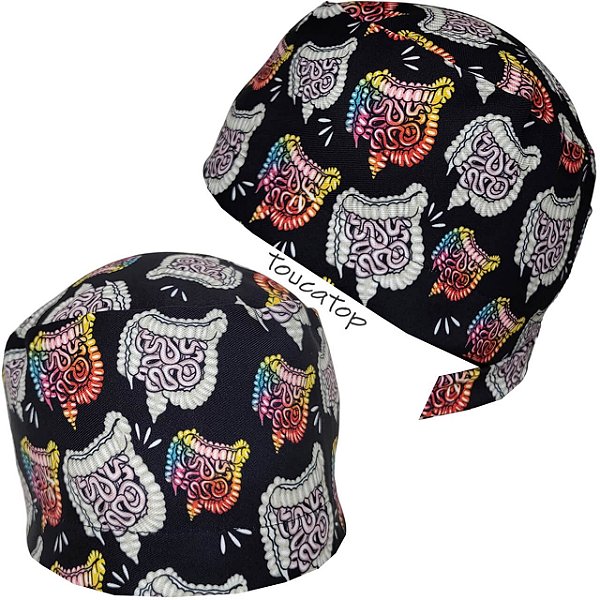 Gorro Cirúrgico, Desenhos Intestinos, Coleção Happy Design, Preto