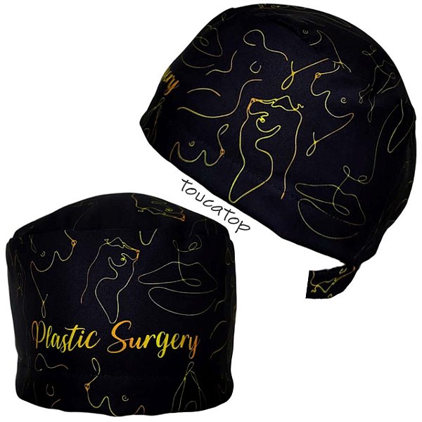 Gorro Cirúrgico, Silhuetas Traços Dourados Plastic Surgery, Preto