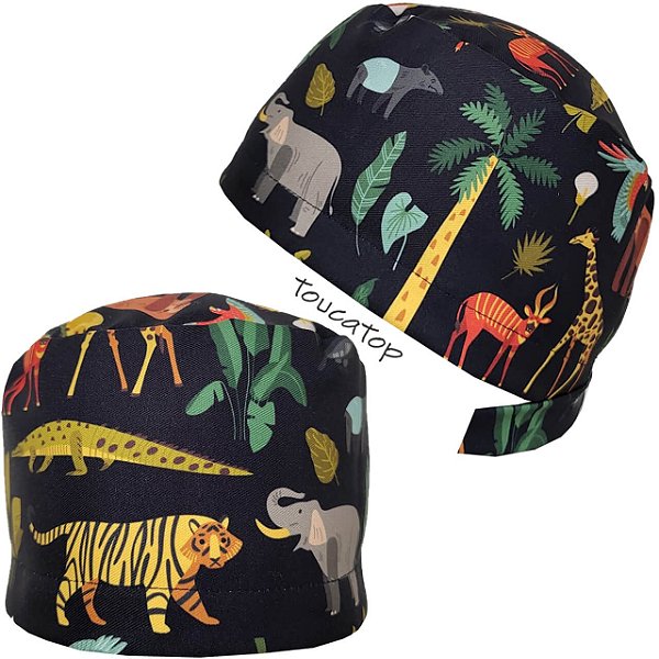 Gorro Animais Floral Floresta, Tigre, Elefante, Girafa, Plantas, Preto
