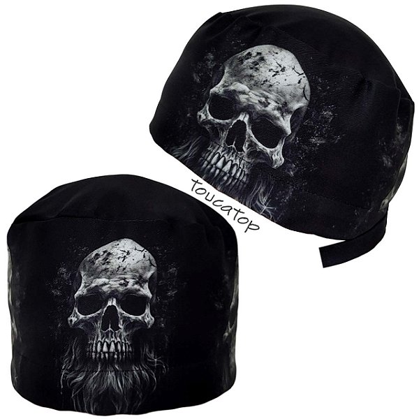 Gorro Cirúrgico, Caveira, Crânio com Barba, Preto e Cinza