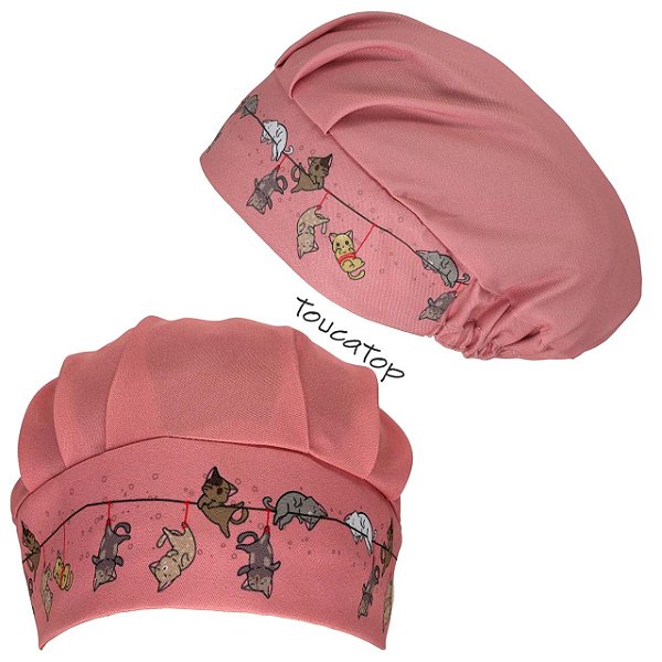 Touca Cirúrgica Feminina, Gatinhos na Corda, Gatos, Rosa