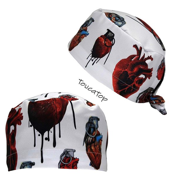 Gorro Cirúrgico, Coração Vermelho Granada, Branco