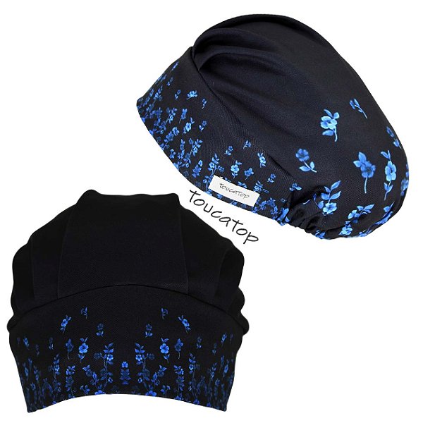 Touca Cirúrgica Feminina, Floral Azul, Flores Azuis, Preto