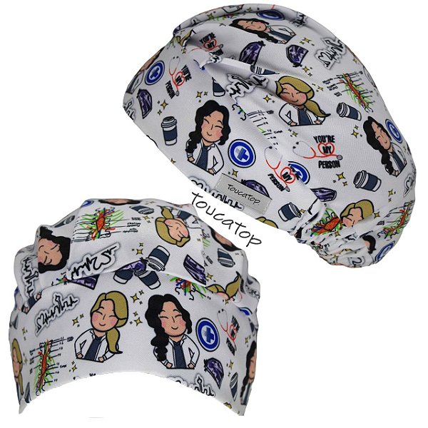 Touca Cirúrgica Feminina Plissê, Cristina e Meredith, Desenhos, Branco