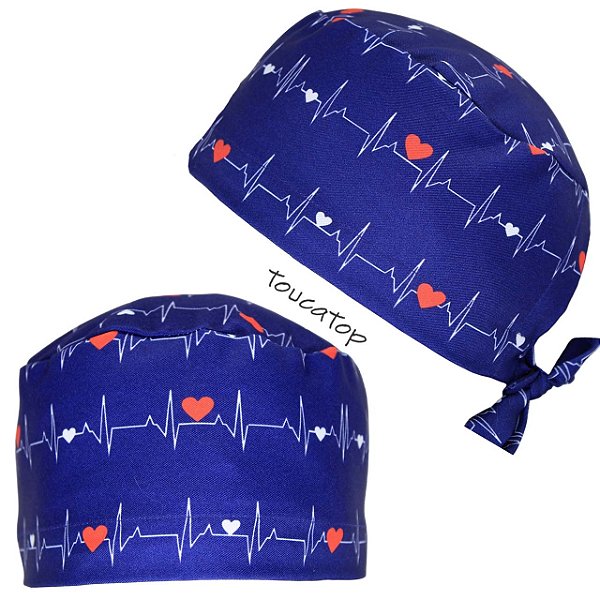 Gorro Cirúrgico, ECG, Corações Vermelhos, Azul