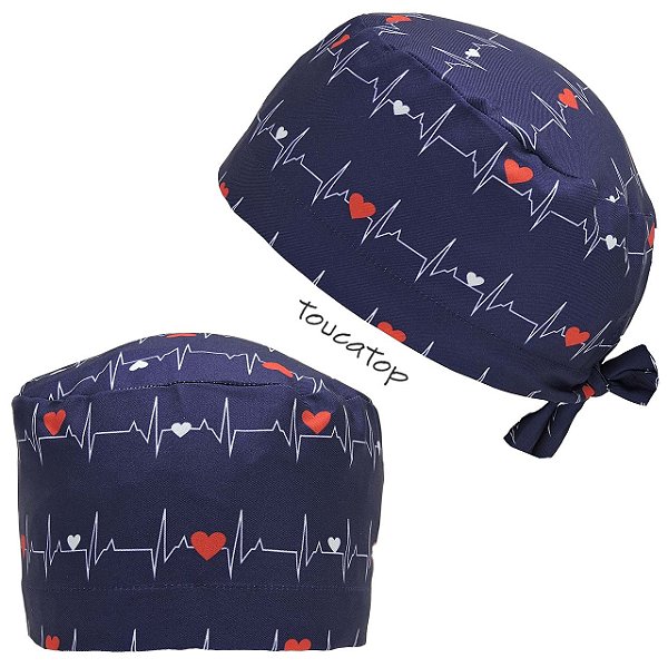 Gorro Cirúrgico, ECG, Corações Vermelhos, Azul