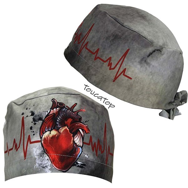 Gorro Cirúrgico, Coração Frontal Vermelho, ECG Vermelho, Cinza Degrade
