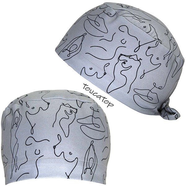 Gorro Cirúrgico Silhuetas Feminina Seios Boca Traço Preto, Cinza Claro