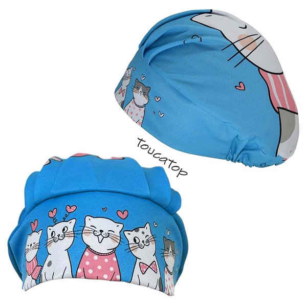 Touca Cirúrgica Feminina Plissê, Gatinhos Brancos com Roupas, Azul