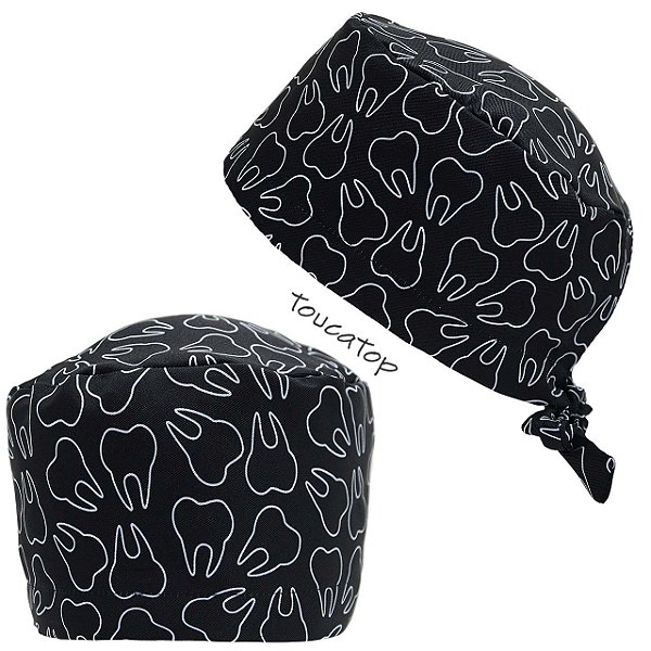Gorro Cirúrgico Odontológico, Dentes Pretos Contorno Branco, Preto.
