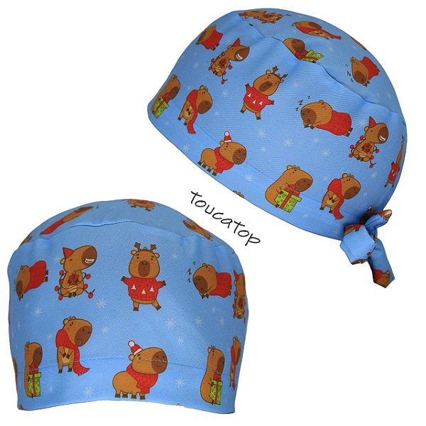 Gorro Cirúrgico, Capivaras Natalinas, Natal Papai Noel, Azul