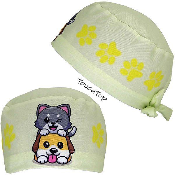 Gorro Cirúrgico, Gatinho Deitado Cachorrinho Frontal, Verde