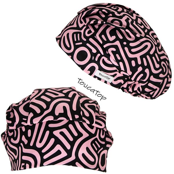 Touca Feminina, Labirinto, Curvas, Linhas Abstratas, Rosa, Preto