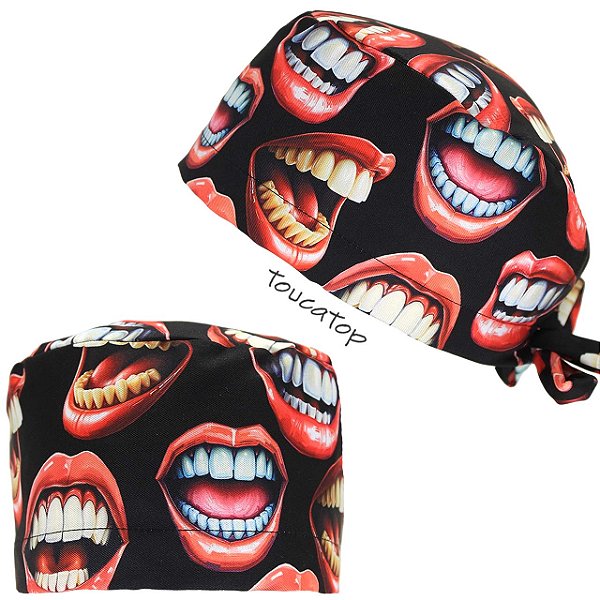 Gorro Cirúrgico, Odontologia, Boca Dentes Brancos e Amarelados, Preto