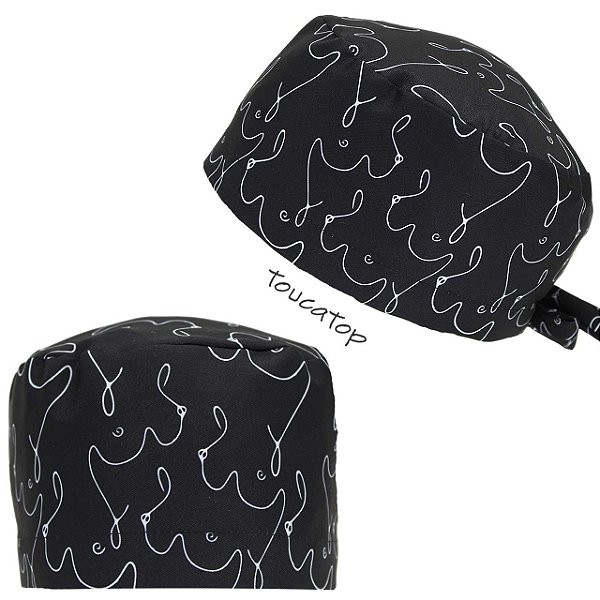 Gorro Cirúrgico, Traços Branco Estilizados, Seios Mamas, Preto