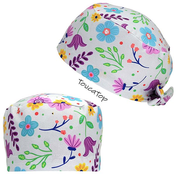 Gorro Cirúrgico, Flores Coloridas, Cinza Claro