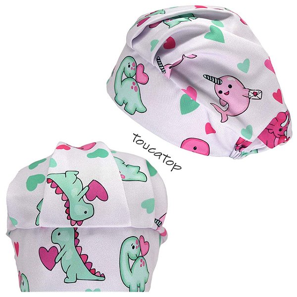 Touca Cirúrgica Feminina, Dinossauro Baby, Corações Verde, Rosa Bebê