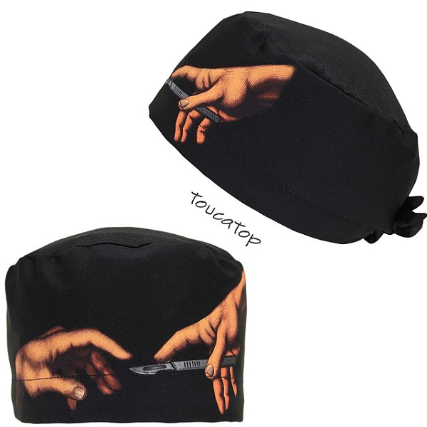 Gorro Cirúrgico, Arte Mão Segurando Bisturi, Preto