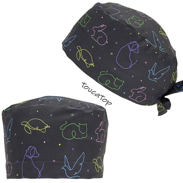 Gorro Cirúrgico, Bichinhos Traço Colorido, Preto