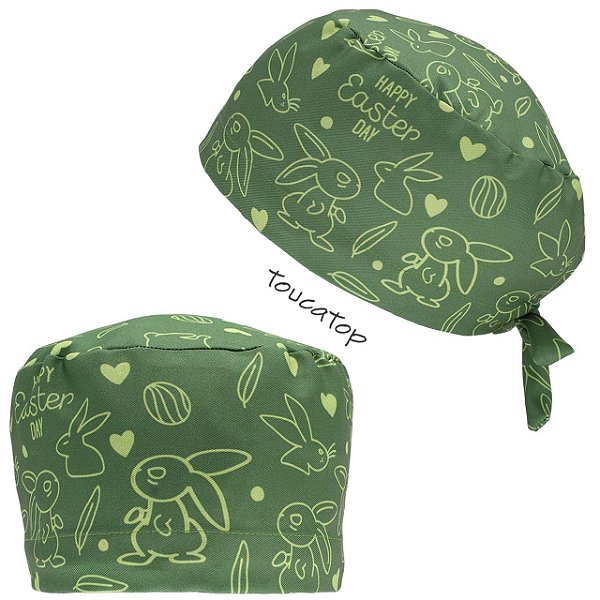 Gorro Cirúrgico, Coelinhos desenhados, Happy Easter Day, Verde
