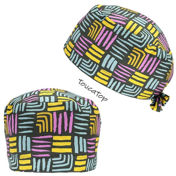 Gorro Cirúrgico, Desenhos quadrados riscados coloridos, Verde