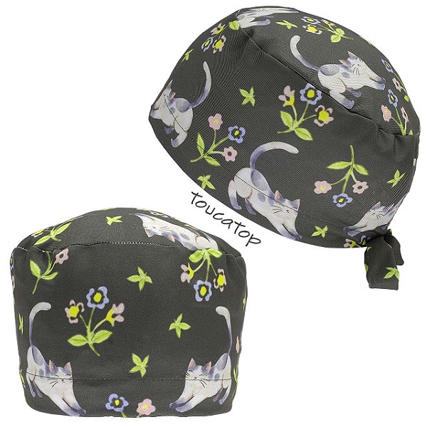 Gorro Cirúrgico, Gatinhos, Flores, Verde