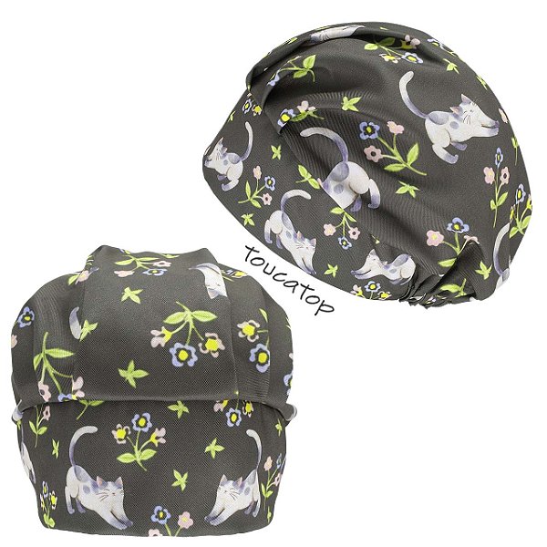 Touca Cirúrgica Feminina Plissê, Gatinhos, Flores, Verde
