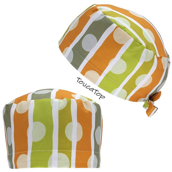 Gorro Cirúrgico, Listras Tom de Verde, Laranja, com Poás Grande Branco