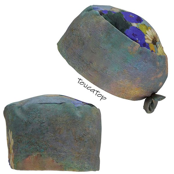 Gorro Cirúrgico, Pintura em Tela, Flores coloridas, Verde Manchado